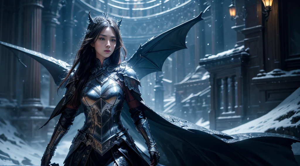 original photo, (best quality:1.3), high resolution, (masterpiece), (lifelike:1.4), Professional photography, Clear focus, High Dynamic Range, 8k resolution, Intricate details, Fine details, Depth of Field, Extremely detailed CG unified 8k wallpaper, masterpiece,poster,best quality,Official Art,(Beauty and aesthetics:1.2),(masterpiece:1.3),Miss,personal,Light Leather Armor,complex pattern,winter,Snow Mountain,Medium distance photography,(midnight),dramatic,Giant bat wings,
