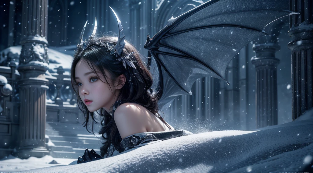 original photo, (best quality:1.3), high resolution, (masterpiece), (lifelike:1.4), Professional photography, Clear focus, High Dynamic Range, 8k resolution, Intricate details, Fine details, Depth of Field, Extremely detailed CG unified 8k wallpaper, masterpiece,poster,best quality,Official Art,(Beauty and aesthetics:1.2),(masterpiece:1.3),Miss,personal,Light Leather Armor,complex pattern,winter,Snow Mountain,Medium distance photography,(midnight),dramatic,Giant bat wings,