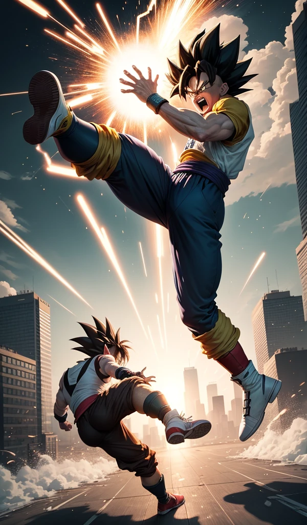 (Anime style, highly detailed), one Saiyan using a burst of speed to appear behind the other, delivering a devastating kick. The city skyline is a backdrop to their high-speed battle, lights flickering from the impact.