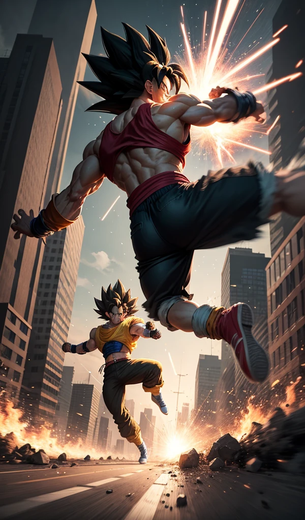 (Anime style, highly detailed), one Saiyan using a burst of speed to appear behind the other, delivering a devastating kick. The city skyline is a backdrop to their high-speed battle, lights flickering from the impact.