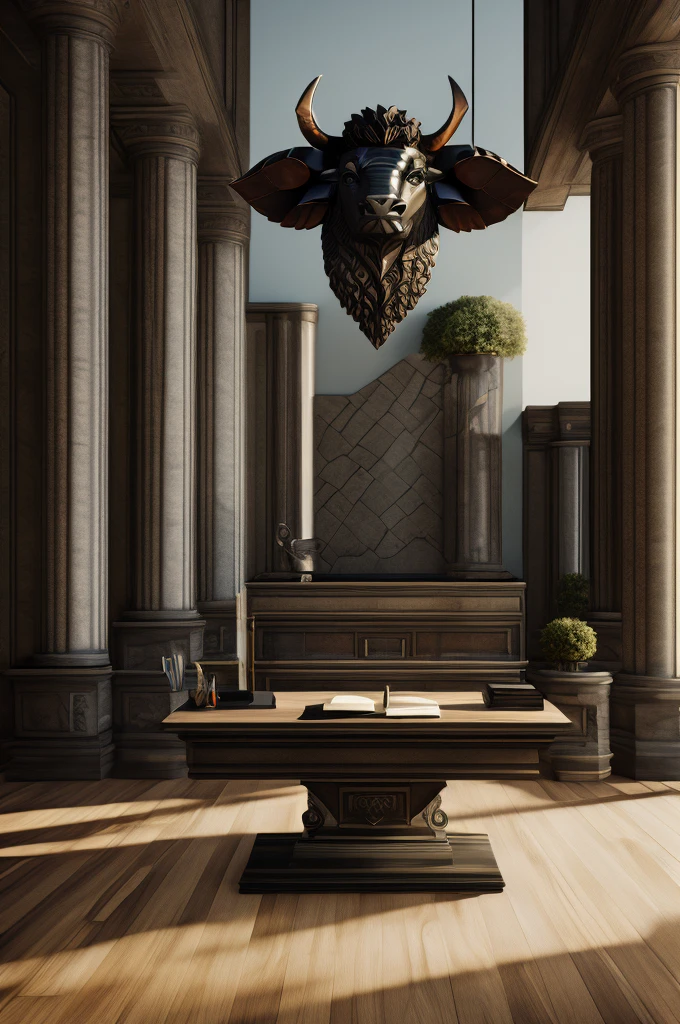 a minotaur obsidius as a governor in a office, masterpiece, best, photo realistic