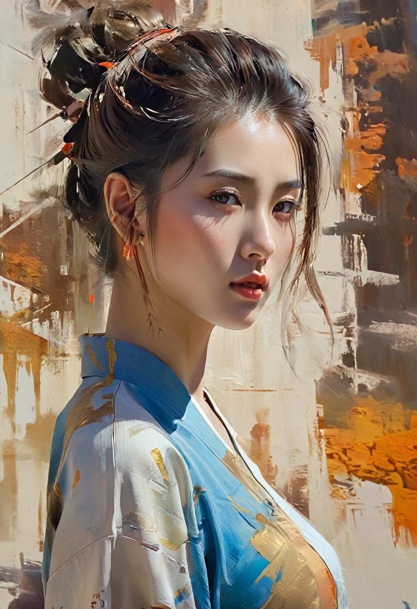 (CRU photo, best qualityer), (realisitic, Photo realisitic: 1.3), best qualityer, highy detailed, work of art, hyperdetail, illustration, 1 girl, Forehead with Painting, upper_cos, dynamic angle, World work of art Theater, messy_far away_body hair, best qualityer, Extremely detailed 8k unified CG wallpaper, inking, incredible, cinematic lighting, lens_sheen,dunhuang_styled