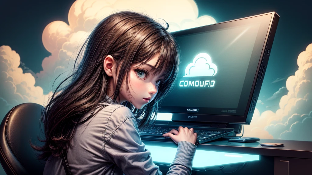 Computer screen on the cloud,Cloud office software,Illustration style,Flat style,2D vector illustration