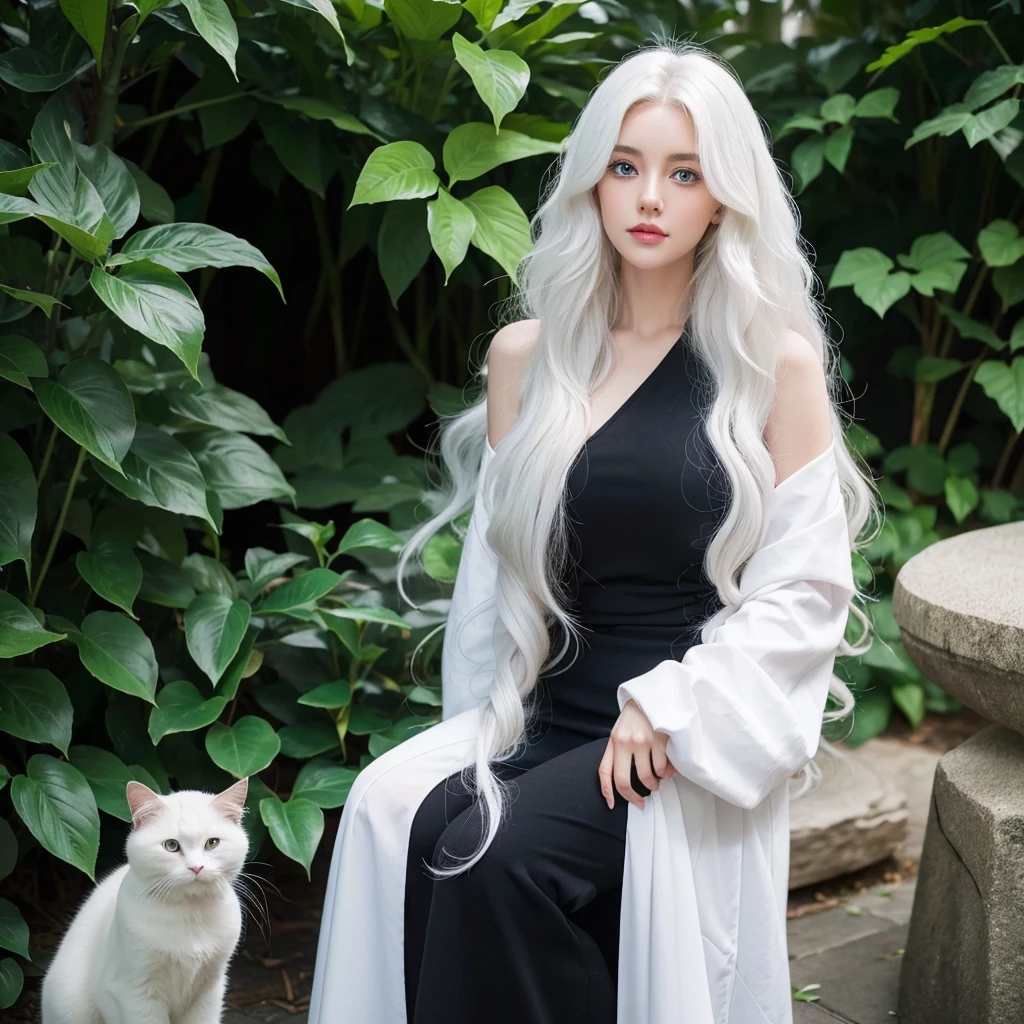 1 woman, White long curly hair，Natural and beautiful hair, clean and beautiful. White hair. Close lips. Blue natural eyes. Black clothes. Plantas. Animal black cat domestic, pet cat black. 1black cat. 