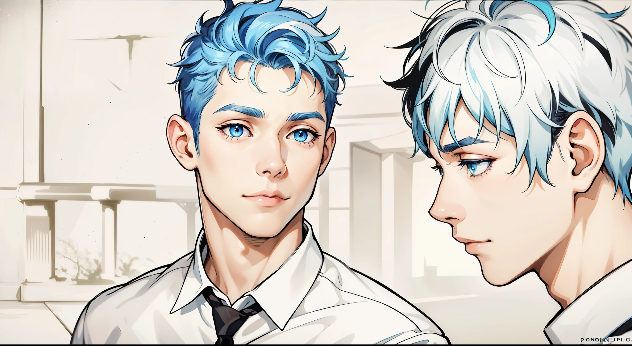 two cute boys with blue hair and the other with black hair and blue eyes
