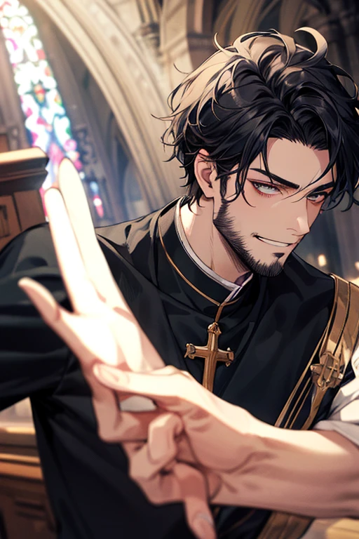 (Uhd, Masterpiece, Textured Skin, Super Detail, High Details, High Quality, Best Quality), 1man, ((*Man*)), solo male focus, short hair, black hair, Messy hair, Priest clothes, black clothes, modern style, in a Church background, Adult man look, beard, Slightly smug look, Close-up on the face, playboy face, Villain look
