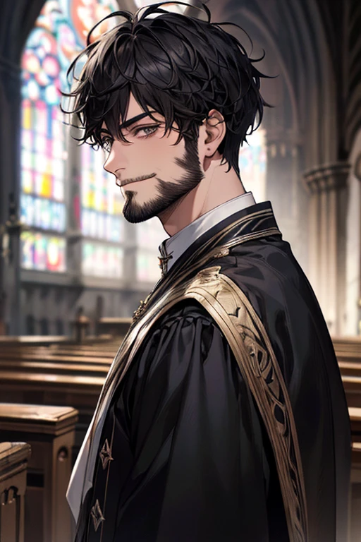(Uhd, Masterpiece, Textured Skin, Super Detail, High Details, High Quality, Best Quality), 1man, ((*Man*)), solo male focus, short hair, black hair, Messy hair, Priest clothes, black clothes, modern style, in a Church background, Adult man look, beard, Slightly smug look, Close-up on the face, playboy face, Villain look