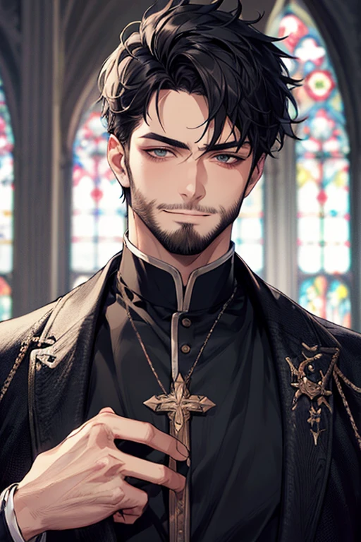 (Uhd, Masterpiece, Textured Skin, Super Detail, High Details, High Quality, Best Quality), 1man, ((*Man*)), solo male focus, short hair, black hair, Messy hair, Priest clothes, black clothes, modern style, in a Church background, Adult man look, beard, Slightly smug look, Close-up on the face, playboy face, Villain look