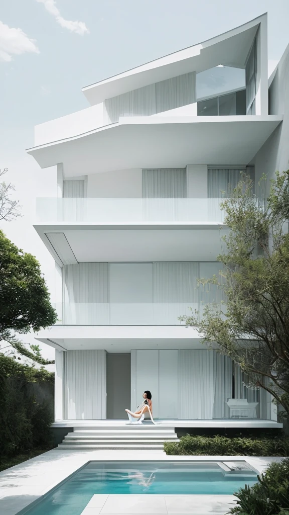 A modern style house, very beautiful, with white details, very glazed, with a woman sitting on the edge of a pool in the courtyard of this house.