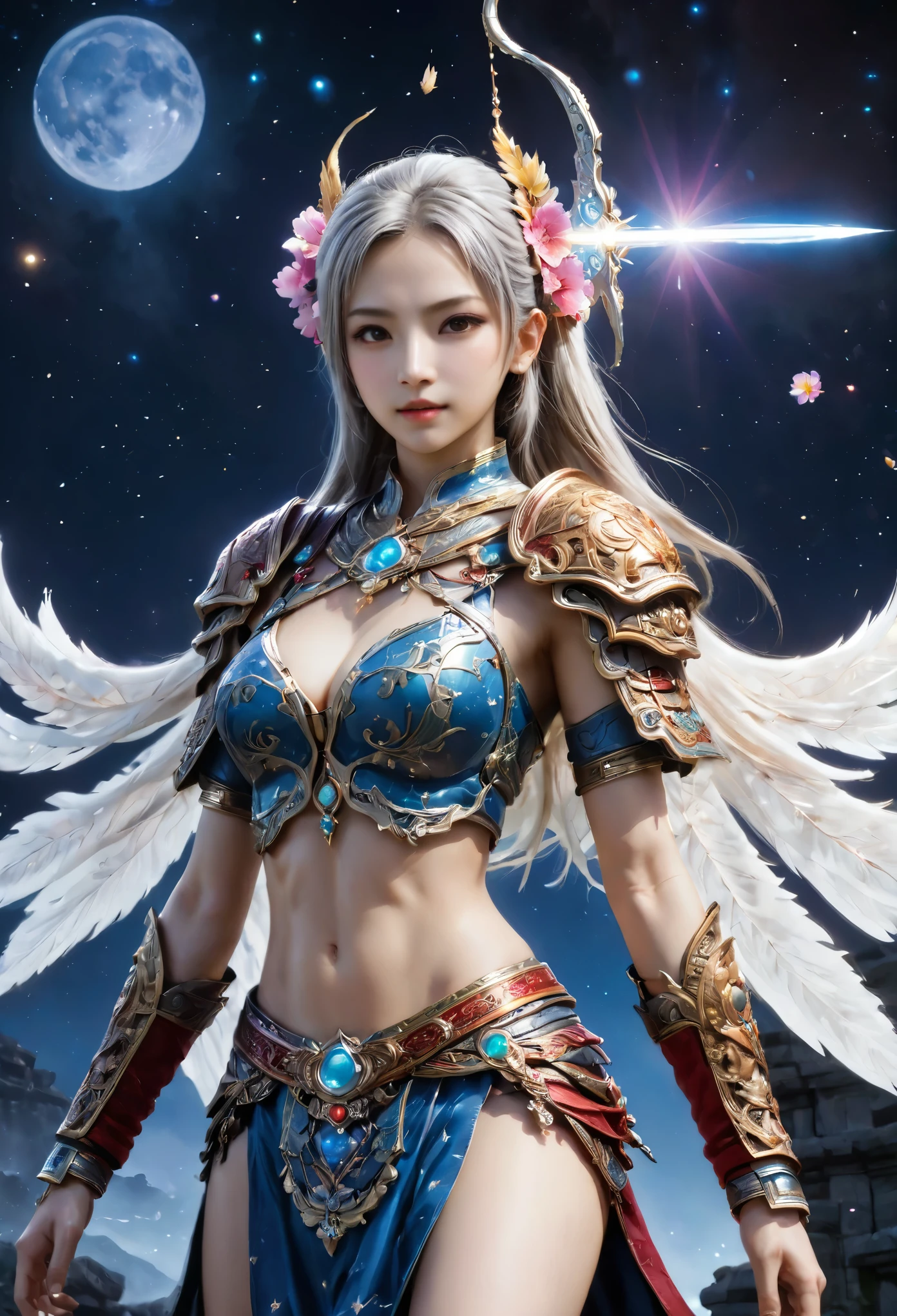 8K resolution, masterpiece, Highest quality, Award-winning works, unrealistic, final fantasy, Royal Jewel,Photorealistic Painting by Midjourney and Greg Rutkowski, , elegant, Very detailed, Delicate depiction of hair, miniature painting, Digital Painting, Art Station, Concept Art, Smooth, Sharp focus, shape, nature, Clear shadows, Full body portrait, Asura, God of War, Castle in the Sky, A strip of light pouring down from the sky, A pillar of light stretching to the sky, Complex colors, Buddhist Mandala, Colorful magic circle, flash, Mysterious Background, Aura, A gentle gaze, BREAK, Small faint lights and flying fireflies, night, Starry Sky, milky way, nebula, shooting star, Flowers, birds, wind and moon,erotic, sole sexy lady, healthy shaped body, Anatomically accurate skeleton, 22 years old lady, Asura, 170cm tall, huge firm bouncing busts, Holy sword in both hands, Complicated armor, Brightly colored armor, battlefield, fight, dash,Qinglong, Suzaku, White Tiger, Xuanwu, 