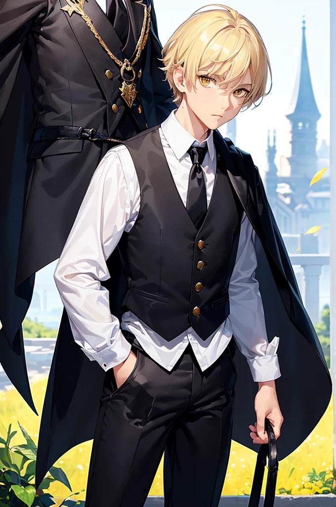 (masterpiece; best quality: 1.2), (finely detailed eyes: 1.3), ((1 male little boy)), ((solo)), (yellow eyes: 1.4), (body; short, slender: 1.3), (short white hair: 1.3), (beautiful and clear background: 1.2), ((depth of field)), (clothes: black vest + white shirt + black pants + black cape + black-and-gold necktie + traveler satchel and pouches: 1.3), (anime illustration: 1.2), (background; garden exterior: 1.1), (extremely fine and handsome: 1.1), (shot composition; standing + close-up: 1.5), (expression; calm, stoic: 1.2)