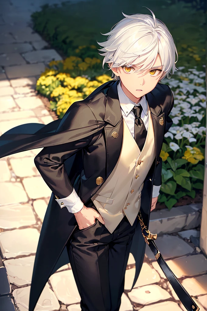(masterpiece; best quality: 1.2), (finely detailed eyes: 1.3), ((1 male )), ((solo)), (yellow eyes: 1.4), (body; short, slender: 1.3), (short white hair: 1.3), (beautiful and clear background: 1.2), ((depth of field)), (clothes: black vest + white shirt + black pants + black cape + black-and-gold necktie + traveler satchel and pouches: 1.3), (anime illustration: 1.2), (background; garden exterior: 1.1), (extremely fine and handsome: 1.1), (shot composition; standing + close-up: 1.5), (expression; calm, stoic: 1.2)