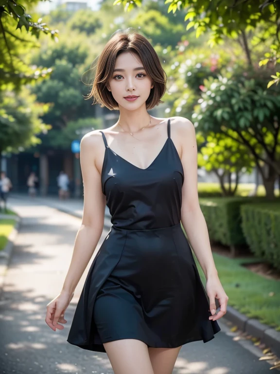 (Highest quality、Tabletop、8K、Best image quality)、45 year old mature woman、（Black dress、Casual and elegant clothing designs、Elegant and precise clothing、Elegant dress、Open neckline dress、black flared skirt)、Summer sunshine、Walking along a road lined with trees、(The most natural and practical furniture arrangement:1.1)、Perfect Anatomy、Beautiful natural makeup、A gentle smile looks at me、Short brown hair、Graceful posture、Very bright and clean、Blurred Background、D cup breasts
