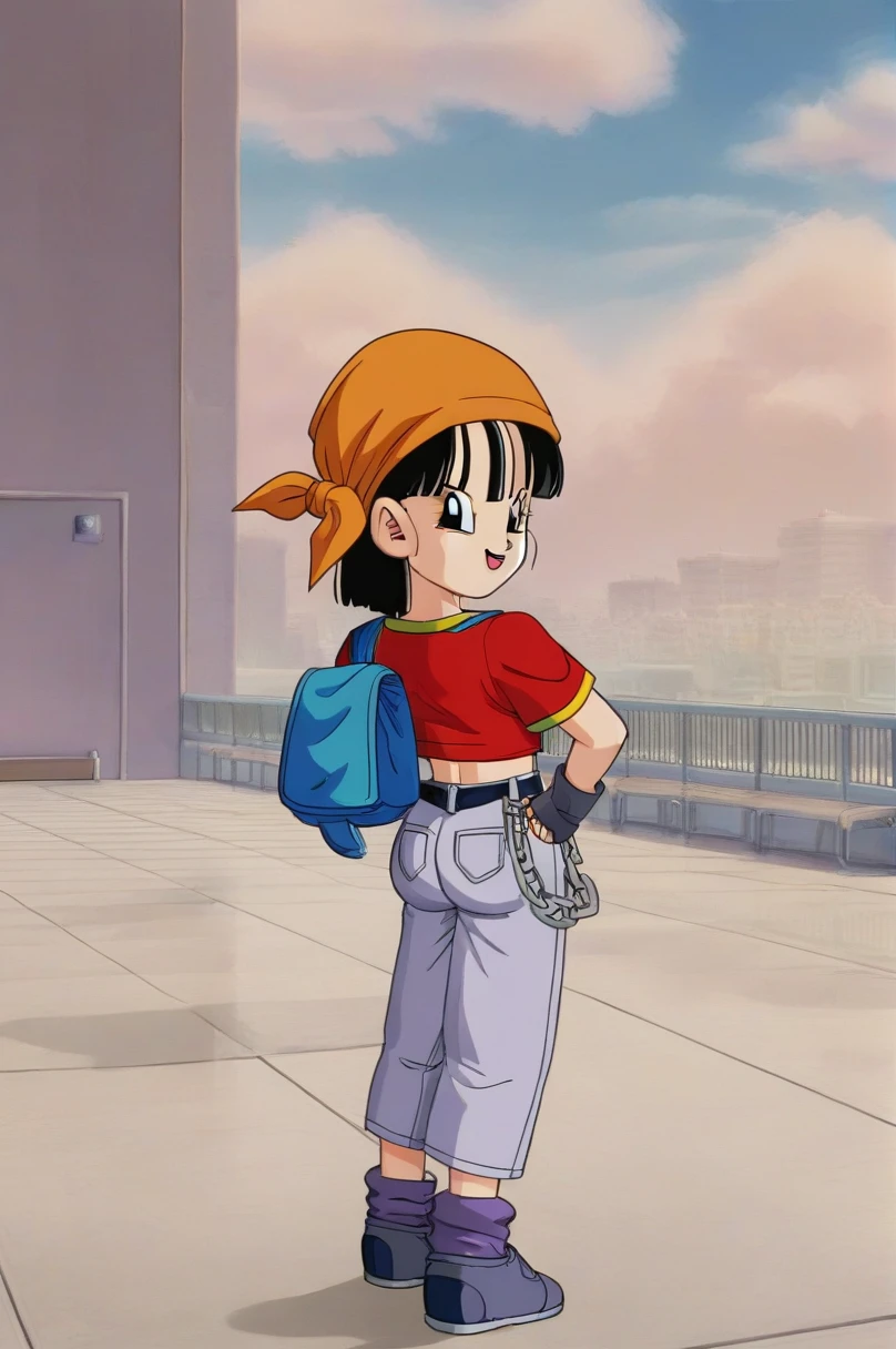 fountain_cheered up, score_9, score_8_above, score_7_above, cheered up screencap,8k, absurd resolution,
Pan \(Dragon Ball\), 1 girl, Alone, looking at the viewer, SMILE, short hair, black fur, standing, whole body, short sleeves, Boots, outdoor, sky, day, black gloves, looking back, golden ornaments, grey Pants, cloud, Gloves without fingers, loose socks, blue bag, from behind, black eyes, blue sky, hand on hip, chain, schoolbag, cloudy sky, denim, building, Red shirt, hands on the hips, orange scarf, female , blue shoes, clenched hands, belt, hits, nails, purple tights, v shaped eyebrows, sexy butt slippers, naked, NSFW, NSFWart, whole body detallado, standing