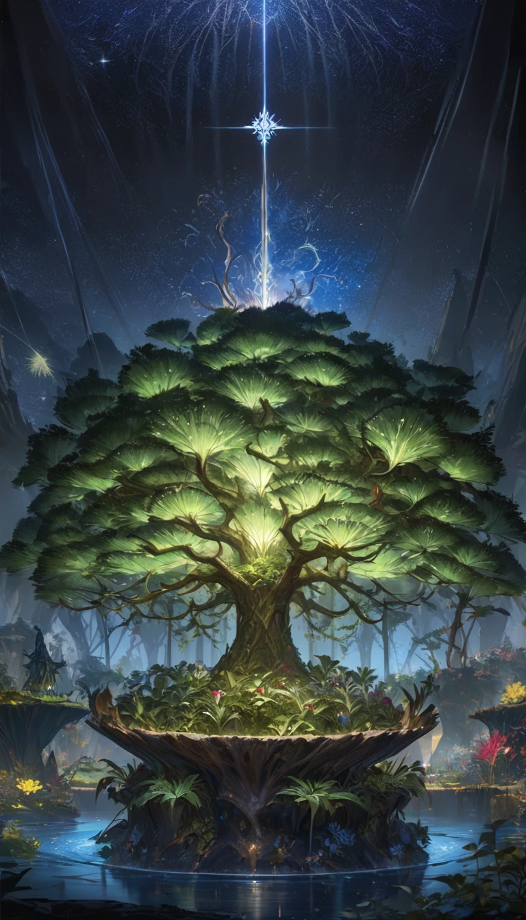 Detailed beautiful fantasy magical plants forest, Starry night sky, Dark mysterious background, 发光的紫红色light, Yggdrasil, the World Tree, (best quality,4K,8K,high resolution,masterpiece:1.2),Extremely detailed,(Practical,photoPractical,photo-Practical:1.37),Intricate details,Concept Art,number,Very detailed,light,戏剧light,Vibrant colors,sharp contrast