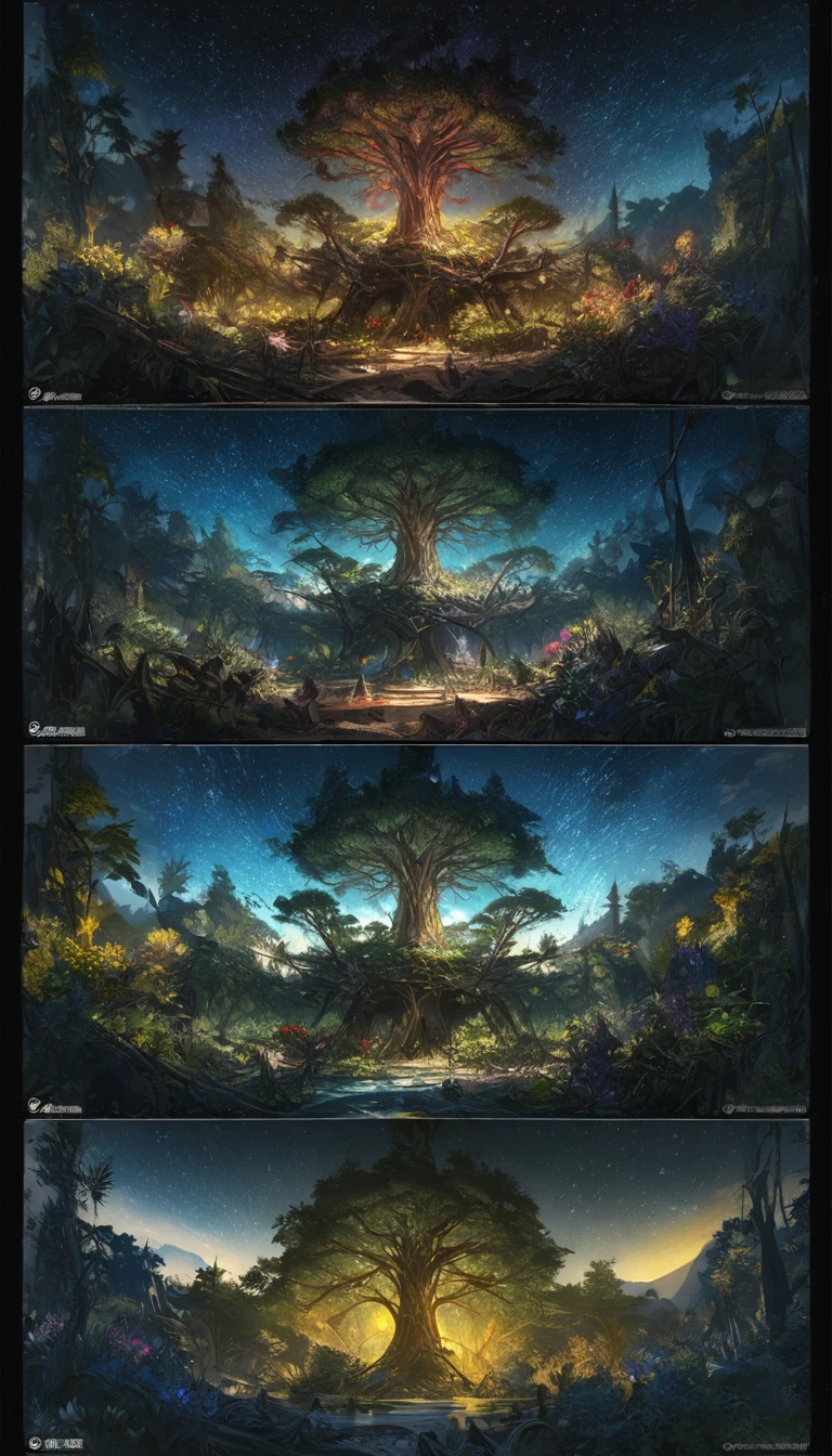 Detailed beautiful fantasy magical plants forest, Starry night sky, Dark mysterious background, 发光的紫红色light, Yggdrasil, the World Tree, (best quality,4K,8K,high resolution,masterpiece:1.2),Extremely detailed,(Practical,photoPractical,photo-Practical:1.37),Intricate details,Concept Art,number,Very detailed,light,戏剧light,Vibrant colors,sharp contrast