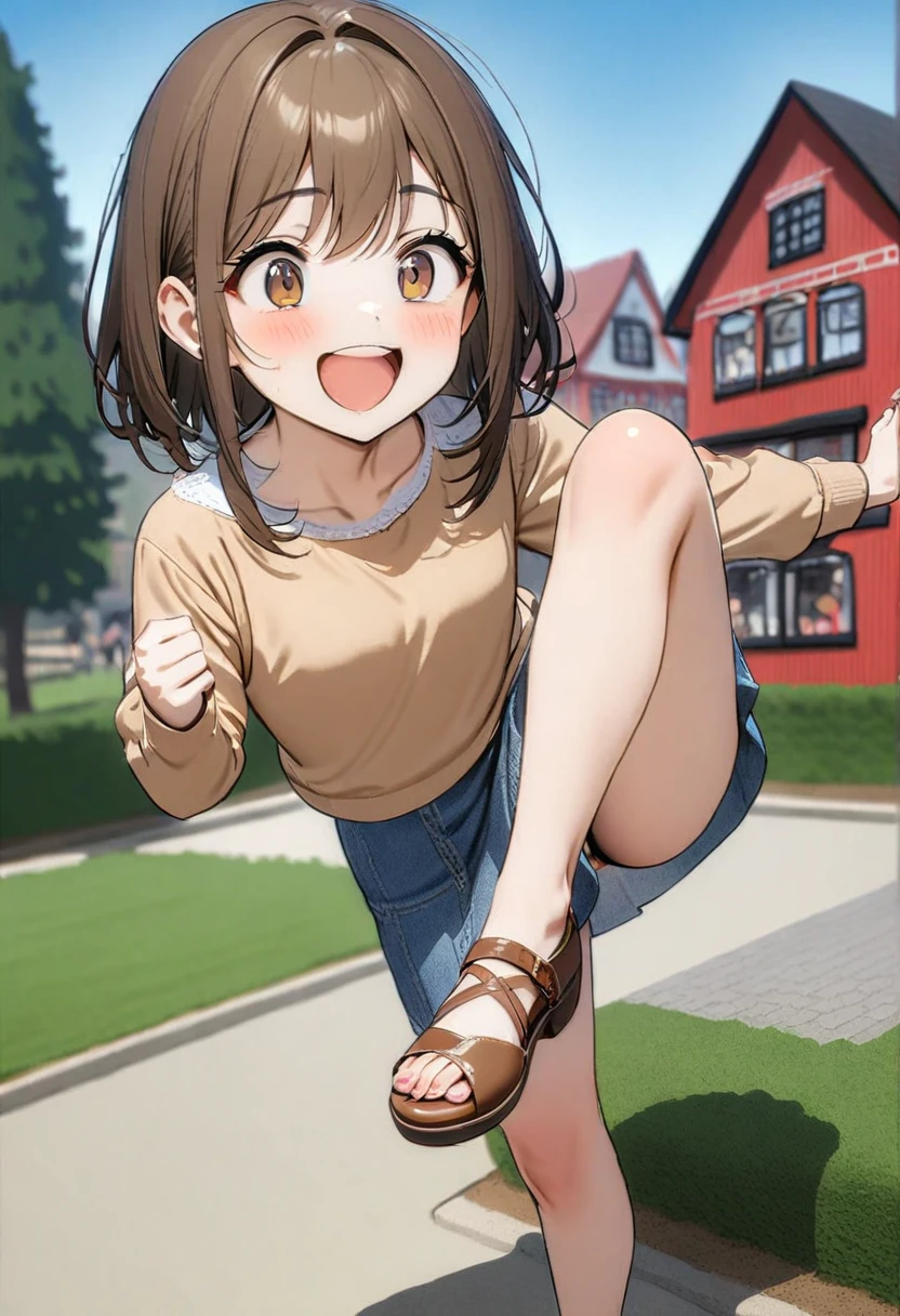 young girl, one foot up, laughing, long brown hair and brown eyes, casual clothes, standing on one leg, standing in a model town, the model town is small, shes crushing the small houses