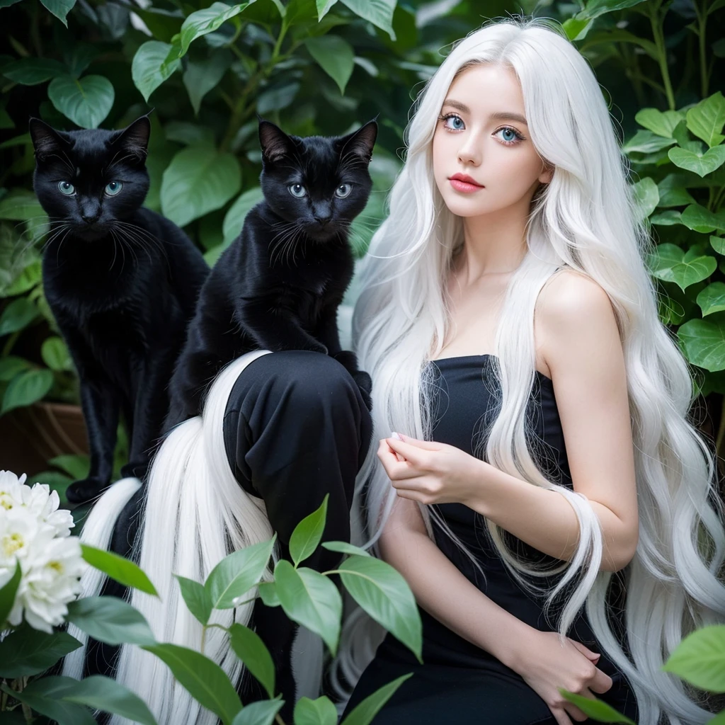 1 woman, White long curly hair，Natural and beautiful hair, clean and beautiful. White hair. Close lips. Blue natural eyes. Black clothes. Plantas. Animal black cat domestic, pet cat black. 1black cat. 