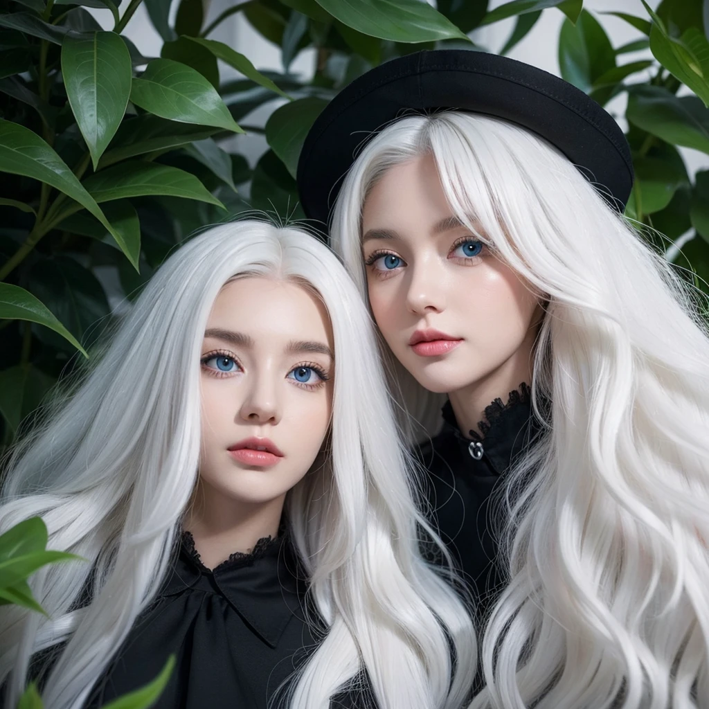 1 woman, White long curly hair，Natural and beautiful hair, clean and beautiful. White hair. Close lips. Blue natural eyes. Black clothes. Plantas. Animal black cat domestic, pet cat black. 1black cat. 