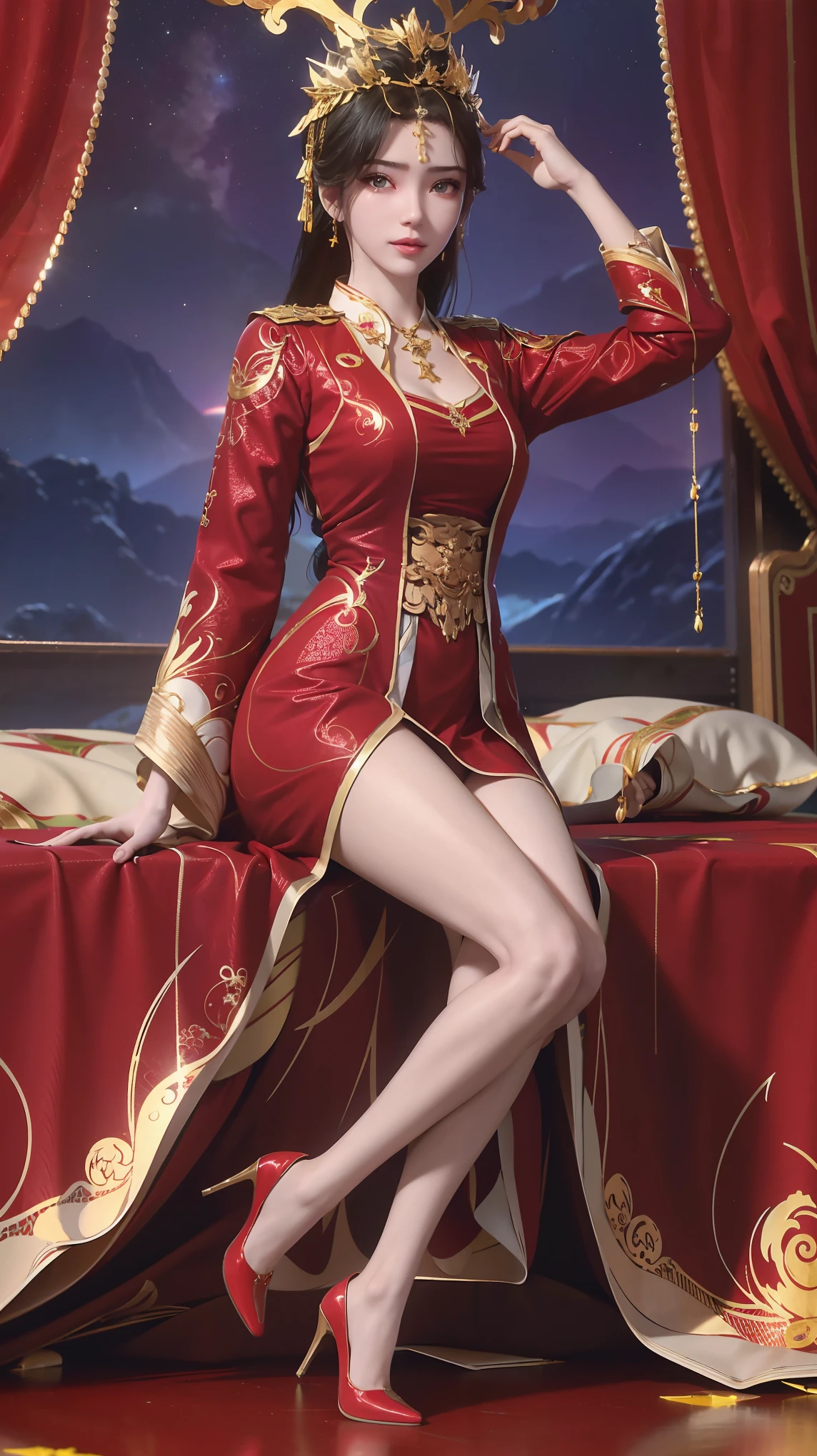 一个穿着红色衣裙的女孩躺在Starry Sky下的床上,Exquisite smile,Beautiful and delicate eyes,Beautiful and delicate lips,Extremely detailed face and eyes,Long eyelashes,Full body,Flowing hair,best quality,excellent work,Super,(Reality:1.4),RAW photos,(Beautiful face:1.2),(Lying in bed:1.5),1 girl,(absurd),(8K), (4K),Octane Rendering,Starry Sky,((Full body view)),Wearing red crystal high heels,Cross-legged