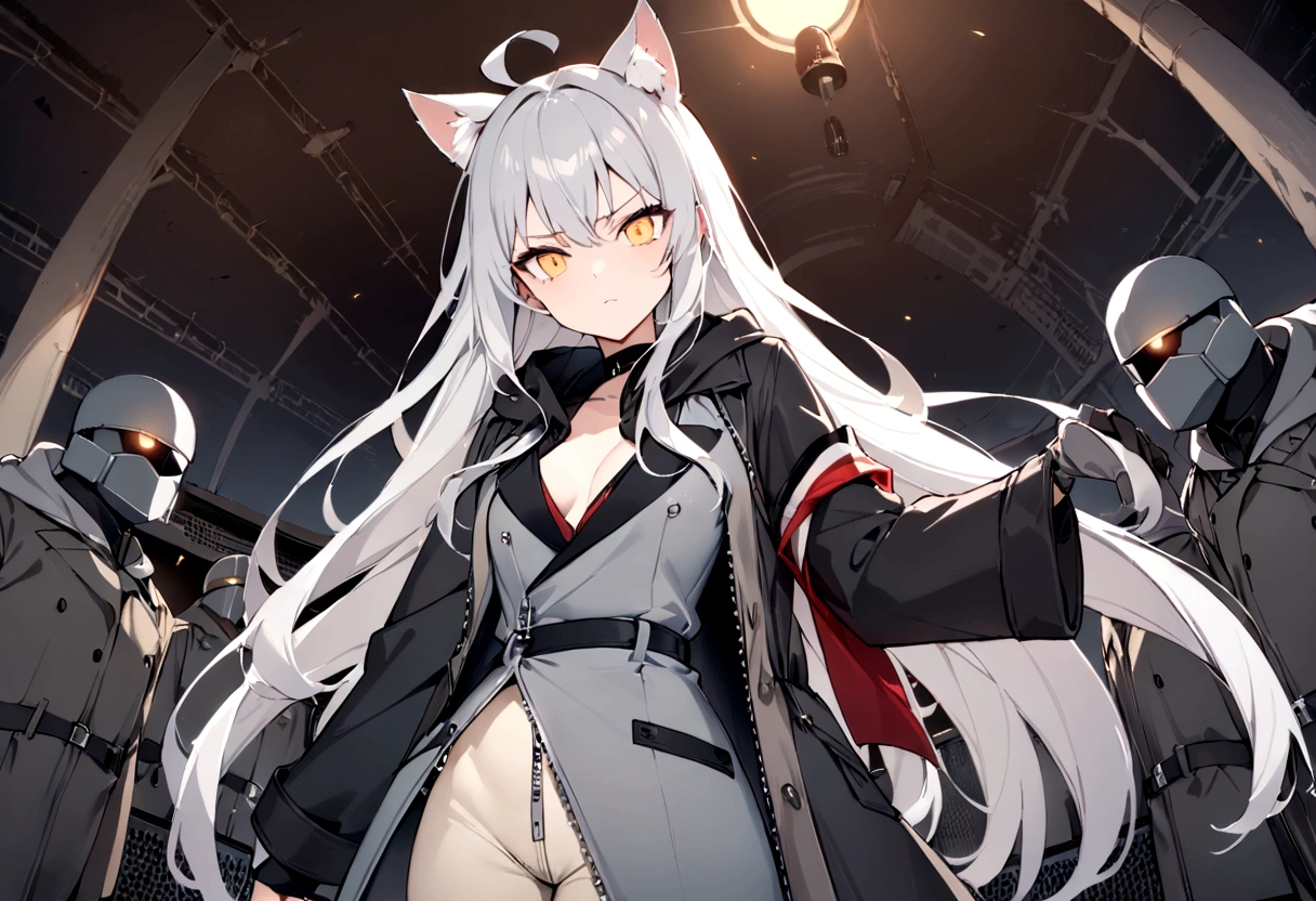 whole body、Raising the German flag in the conference room、Serious face、A large number of subordinates can be seen in the distance、Surrounded by operatives、Give a command、Secret Police Meeting Room、Gray cat ears、Gray cat ears、(masterpiece, best quality:1.2), 1girl, 独奏、Grey long hair、Ahoge、Yellow Eyes、Background of a military base with guns、Fisheye Lens、battlefield、Shadows of light and darkness、Expressionless、battle、Gray trench coat、Put a black hoodie over your arm、Surrounded by enemies、Zip hoodie worn over the arm、whole body