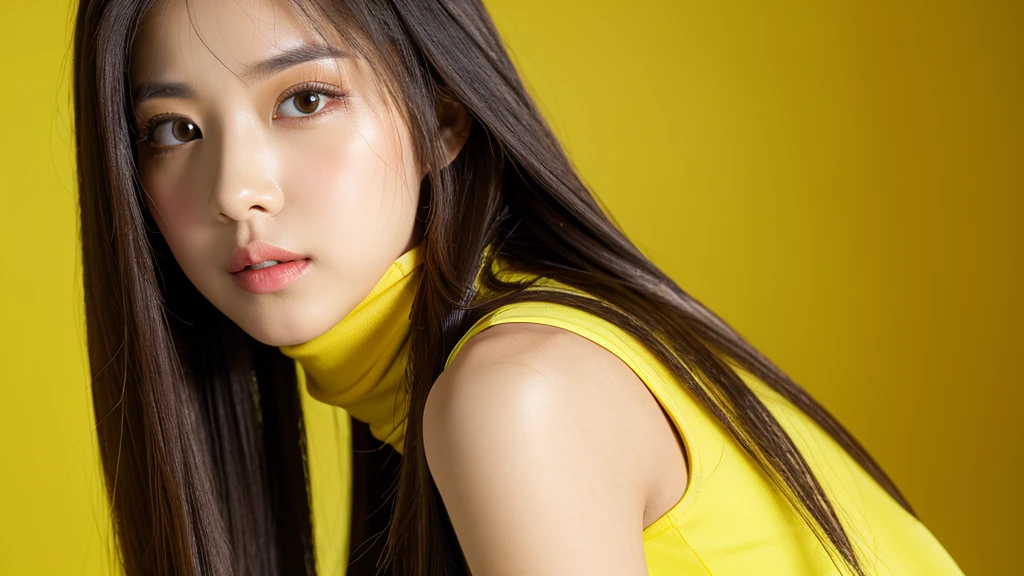 (detailed face),VIVID,pretty,sleeveless and turtle neck yellow silky clothes,4k ,super high resolution ,(photo-realistic: 1.7), yellow background,black long hair,
