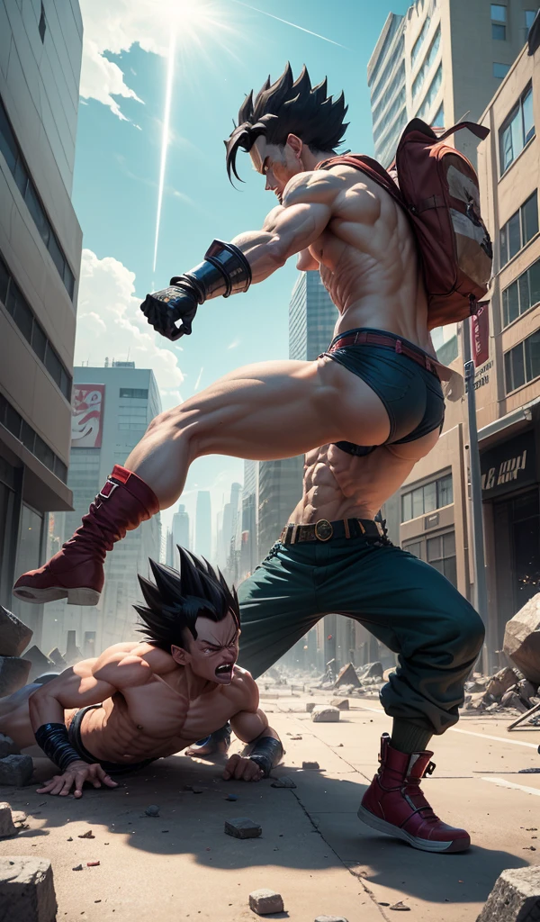 (Anime style, highly detailed), the two Saiyans fighting in a deserted city square, their energy causing the ground to crack and statues to crumble. Their auras clash with each hit, creating shockwaves that ripple through the city.