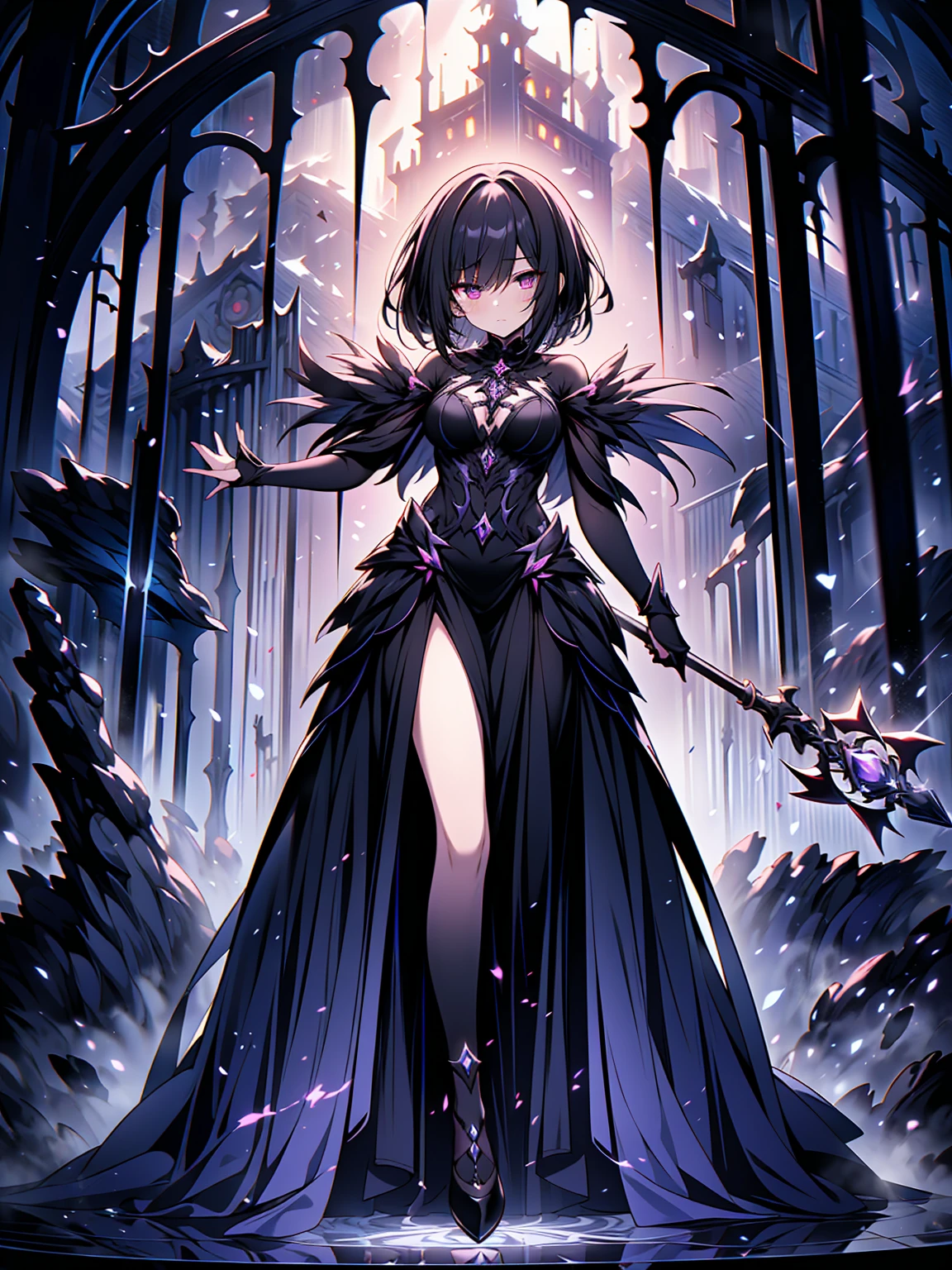 ((masterpiece, best quality, 8k))A captivating artwork of a darkly enchanting female character in a shadowy, magical setting. She wears dark and magical clothes in black and purple, perfectly matching her mysterious aura. Her short black hair and crimson eyes exude an intense beauty. She wields a dark staff, emanating a foreboding power.