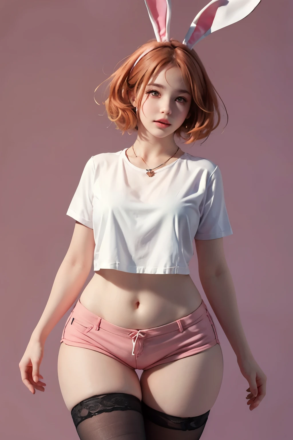 ((best quality)), ((masterpiece)), (detailed), perfect face, short hair, curly hair, ginger hair, large hips, big butt, thick thighs, bunny ears, pink eyes, overhals, short shorts, thigh high socks