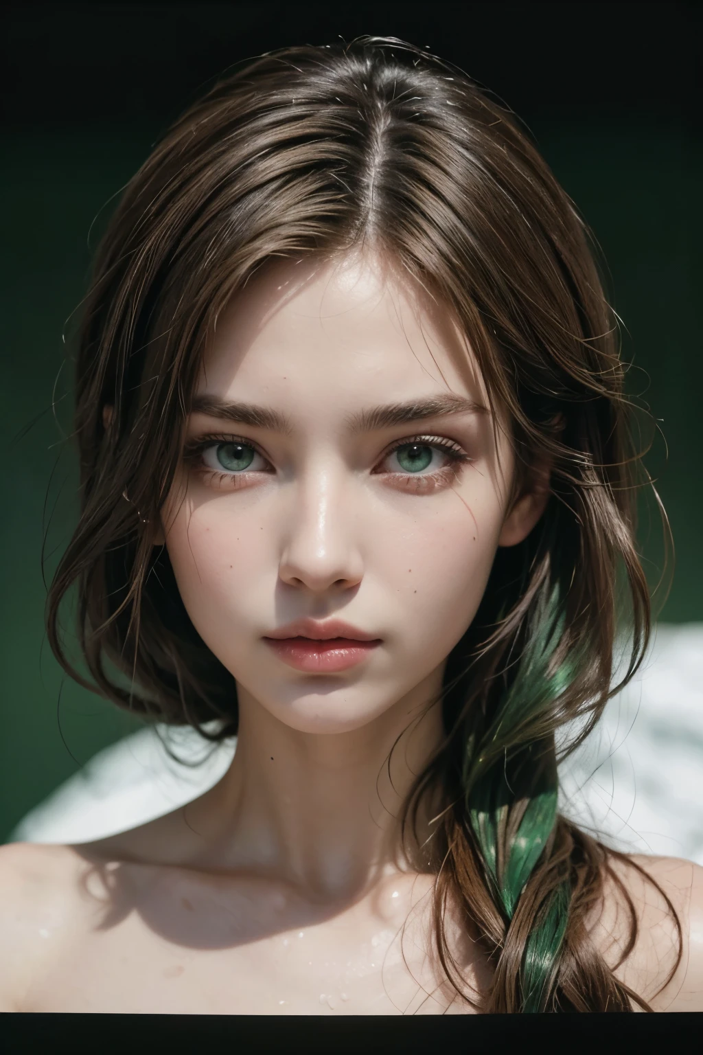 Excellent full-length silhouette image of a beautiful, beautiful and unique Italian model, perfect face, green eyes and cascading brown hair in a painted style with colorful paint splashes, emerald green and snow white colors on a black background. Captured on Kodak Ektar 100 film, scanned in high resolution