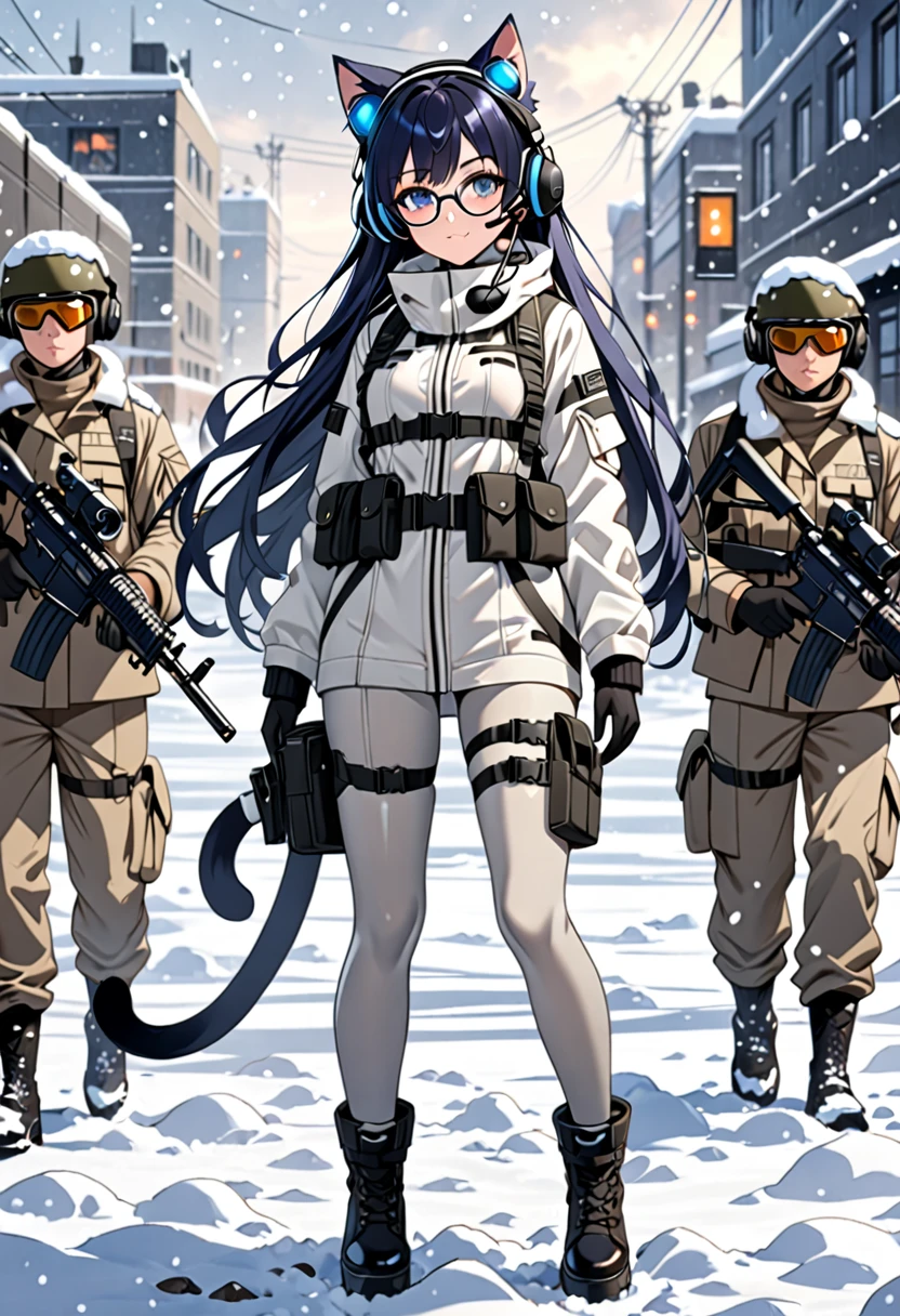 8K Ultra High-Quality, ultra-detailed, High quality, Dark Blue hair, Long hair, Headset, Goggles, cat girl, white Tactical clothes, winter Military clothes, body harness, Looking at viewer, choker, glasses, full body, snowing background, soldiers in the background