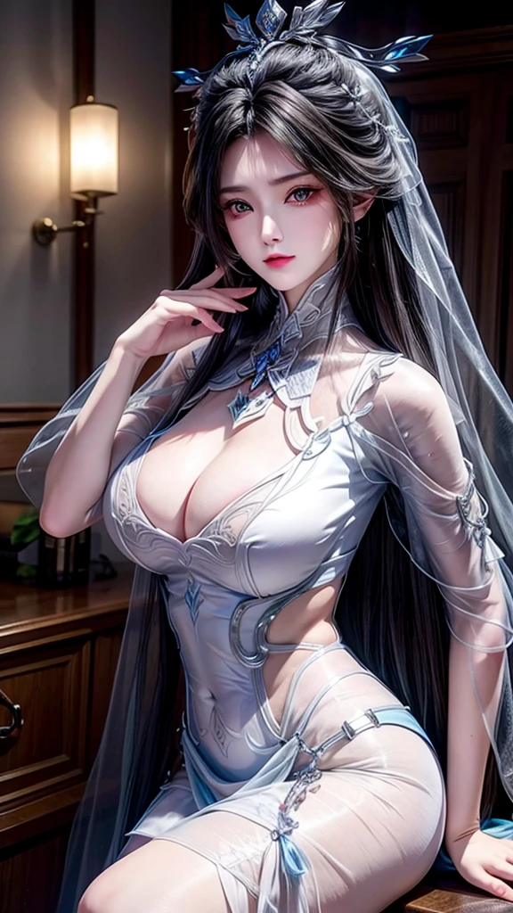 best quality, masterpiece, Big boobs, (Large Breasts), Delicate skin texture, Detailed fabric texture, Delicate face, Super Detail, 8K, Intricate details, 1 Girl, 18 years old, High contrast, High resolution eyes, black haired goddess,Royal sister,Sexy,White silk long legs。