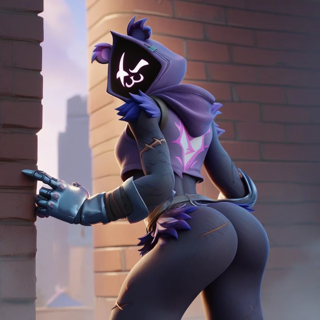 Raven team leader,purple hoodie, with no face, shadowed face, animal ears,purple skin, scar on eye, body skin, purple fur, waist belt, torso symbol, metal gloves, pointing your ass at the viewer, leaning forward, pushing, she closes her eyes, hands resting on top of a small wall, arms on top of a wall with her eyes closed, expression of force, stomachache, stomach growling. scenery and a sunny day