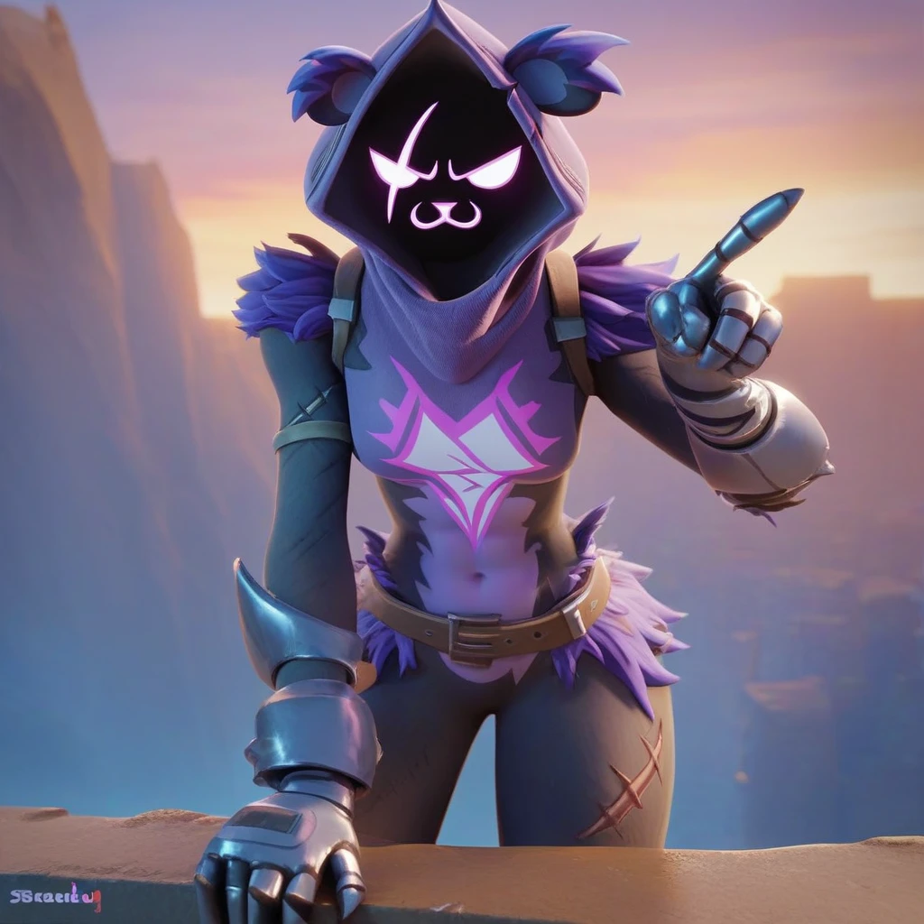 Raven team leader,purple hoodie, with no face, shadowed face, animal ears,purple skin, scar on eye, body skin, purple fur, waist belt, torso symbol, metal gloves, pointing your ass at the viewer, leaning forward, pushing, she closes her eyes, hands resting on top of a small wall, arms on top of a wall with her eyes closed, expression of force, stomachache, stomach growling. scenery and a sunny day