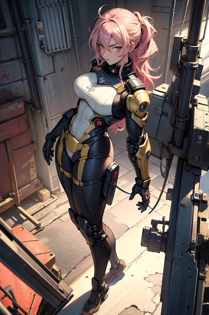 full body shot, High angle, best quality, extremely detailed, 8K, focus on background, dystopian society, helicopter, manga, anime, watercolor, steampunk, masterpiece, a beautiful woman, solo, single mechanical arm, energy weapons, robot suit, half-up, big eyes, beautiful pink eyes, long eyelashes, pensive, mesh, cool, looking at the camera, gold piercing,