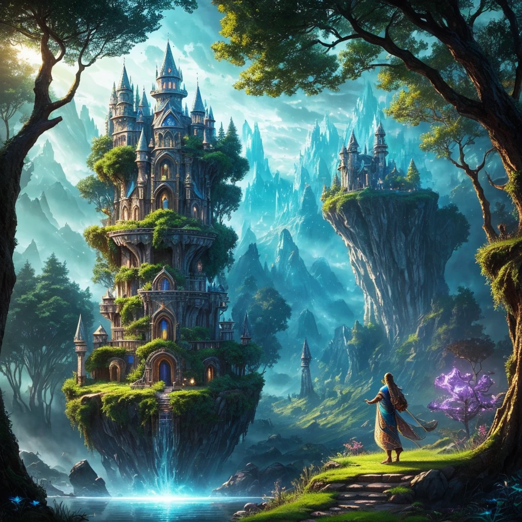 a wizard going through a portal to visit the ancient lemuria, award winning illustration, highly detailed, friendly colors, happy vibes, epic fantasy scene, intricate details, magical energy, glowing portal, mystical atmosphere, beautiful landscape, enchanted forest, stunning vista, serene ambiance, vibrant hues, warm lighting, ethereal energy, awe-inspiring composition, captivating story, masterful artistry, photorealistic quality, cinematic perspective, fantastical elements, dramatic lighting, dreamlike quality, imaginative design, seamless integration, exquisite rendering, flawless execution, breathtaking visuals