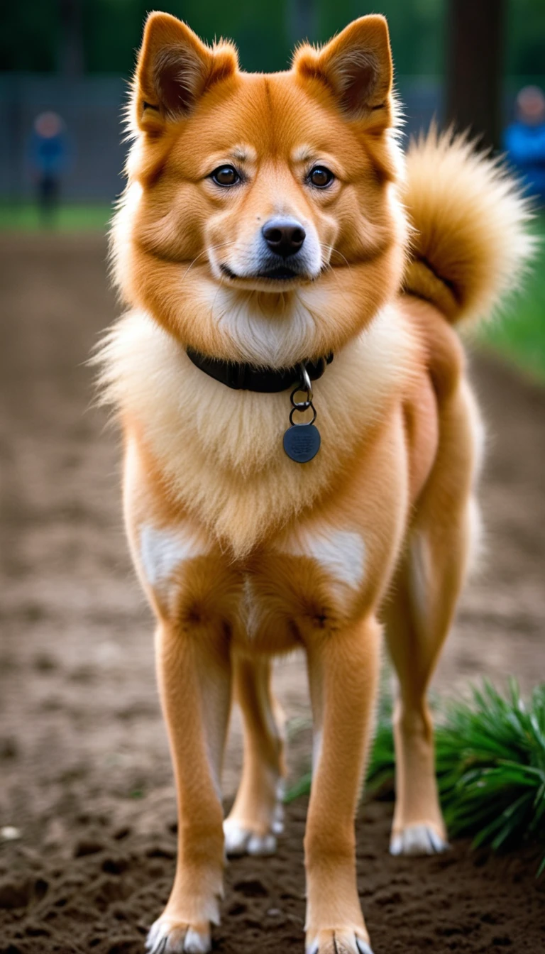 There is no one, realistic photo, photo realism, realism, finnish spitz(Finnish Spitz), perfect composition, intricate details, Very sharp, masterpiece, profile, high resolution, looking at the viewer, Full body photo in the dog park