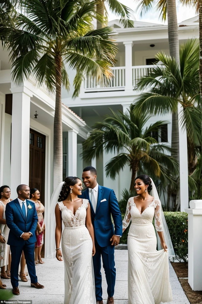 Imagine The photograph shows a newlywed couple posing in an outdoor environment with tropical vegetation in the background. The bride is wearing a white strapless wedding dress, with a puffy skirt that goes to the floor. The fitted bodice is decorated with delicate white lace and embroidery. The top of the dress has a sweetheart neckline.. The bride holds a rounded bouquet of white flowers, provavelmente rosas.
The groom is wearing a light beige three-piece suit. The jacket has two buttons and conventional lapels. The pants are straight and match the jacket. Ele usa uma camisa branca por baixo e uma gravata borboleta preta. Your shoes are black and lace-up.
Ambos exibem sorrisos largos e felizes. Their skin is black and shiny. The bride's hair is tied up in an elaborate updo. O noivo tem o cabelo curto e bem aparado.
Behind them, there are several tall palm trees with long, vibrant green leaves. There are also some smaller plants and flowering shrubs scattered around. The ground appears to be a paved path. The direct background is the facade of a building with tropical architecture, com telhado curvado e janelas arredondadas.