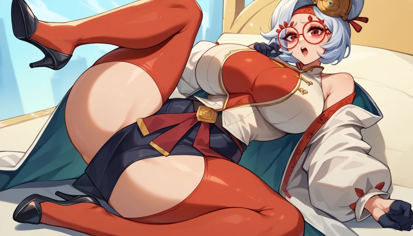 score_9, score_8_up, score_7_up, score_6_up, score_5_up, score_4_up, (source_anime), purah, 1girl, huge breasts, narrow waist, thick thighs, hair ornament, red headband, red glasses, sleeveless shirt, white coat, black skirt, red leggings, gloves, high heels, (Open legs:1.5)(((nsfw)))