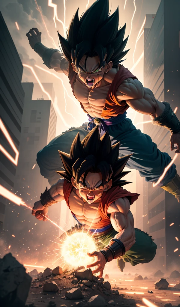 (Anime style, highly detailed), one Saiyan powering up with an intense energy surge, the ground shaking and buildings around them disintegrating. The other Saiyan braces for the attack, their aura flaring up in response.