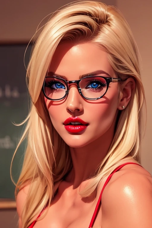 spectacled, Beautiful blonde woman, with striking blue eyes and red lips. realistic photo, Masterpiece