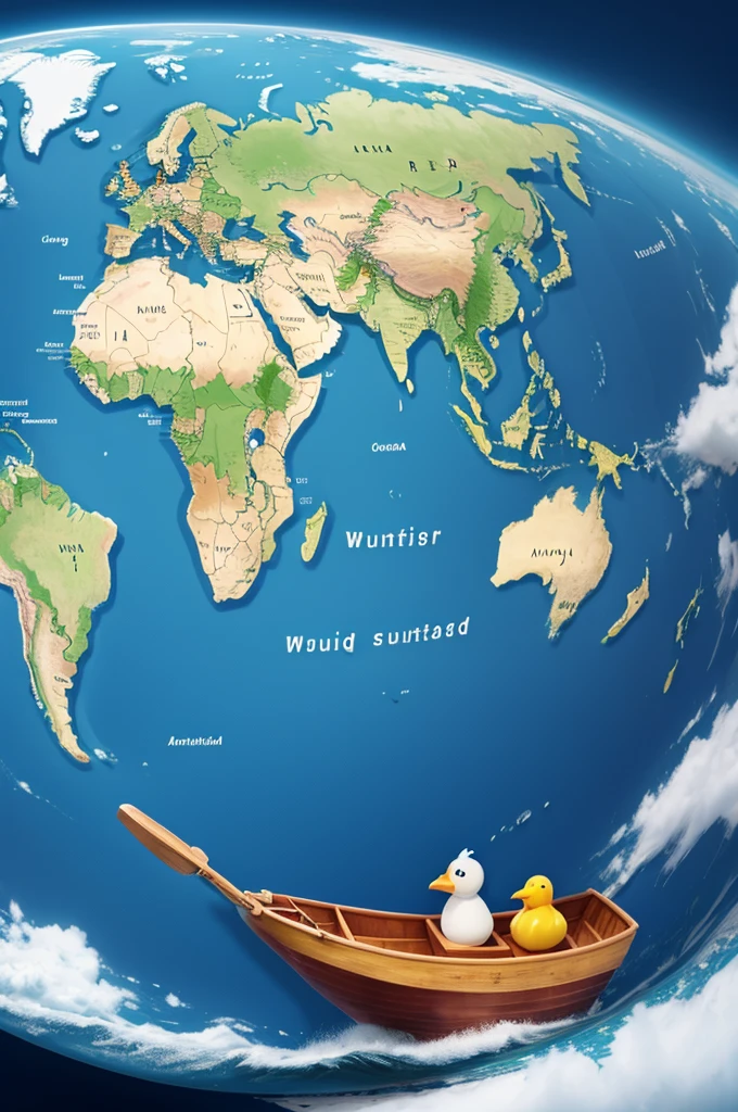 Create an image of a round world map with the word Wanderlust and a rubber ducky sailing in a little boat