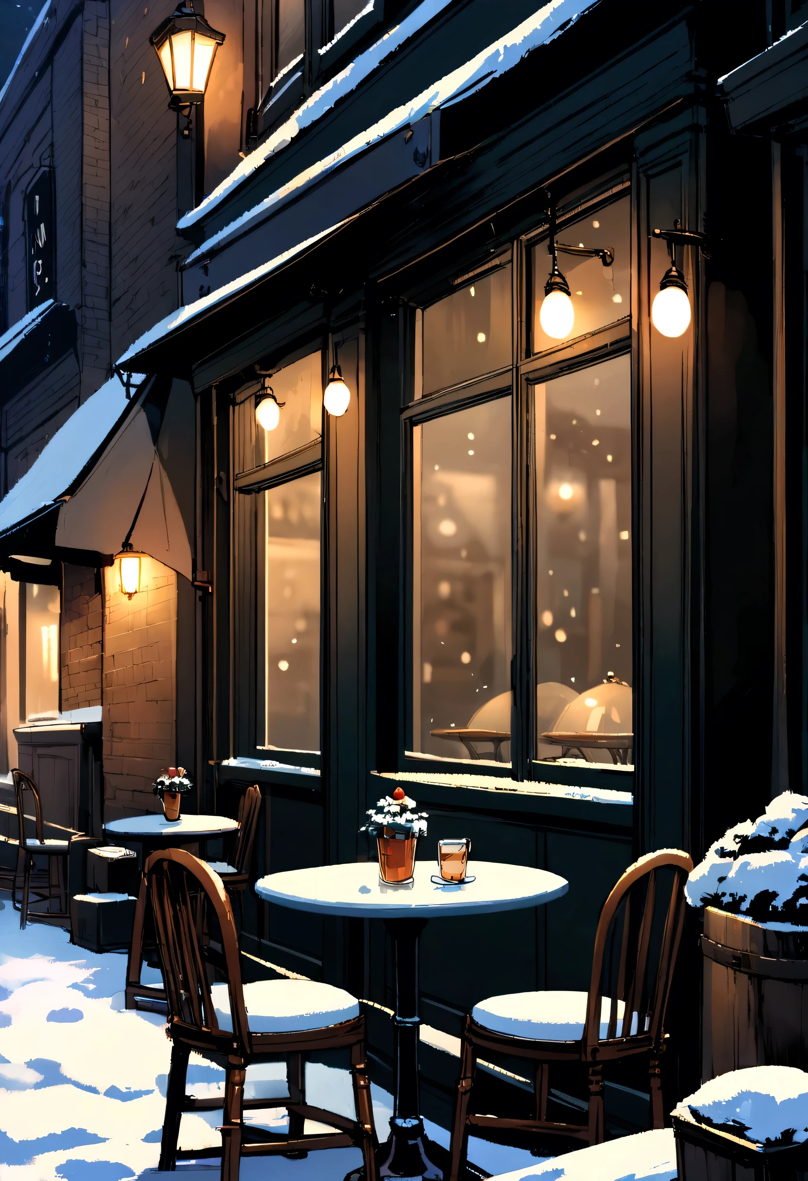 Tables and chairs outside a beautiful cafe in snowy night. Lonely street. Bulbs hanging outside the cafe. Black wall cafe. 