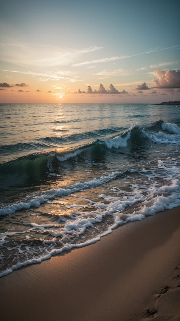 Realistic sea with sunset with people around it