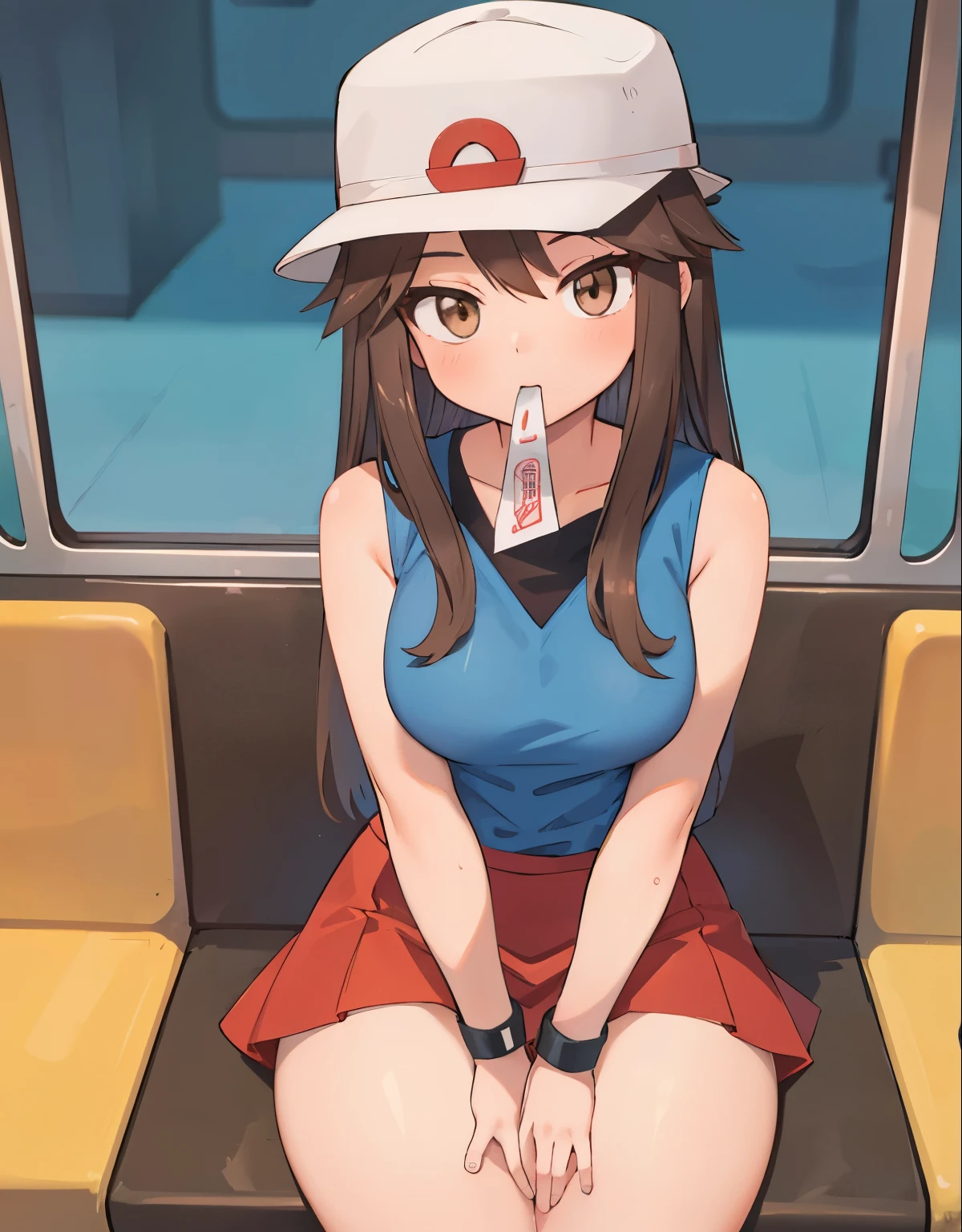 a girl sitting, with her mouth open, inside a train, 1trainerleaf1, sleeveless shirt, black wristbands, visible thighs,thick thighs,red skirt,blue shirt, brown eyes, white hat, hands on thighs, View from above, beautiful and detailed eyes, feminine charm