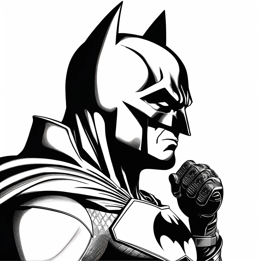 The head of Batman in thinking position, as the thinking emoji; isolated on white background 