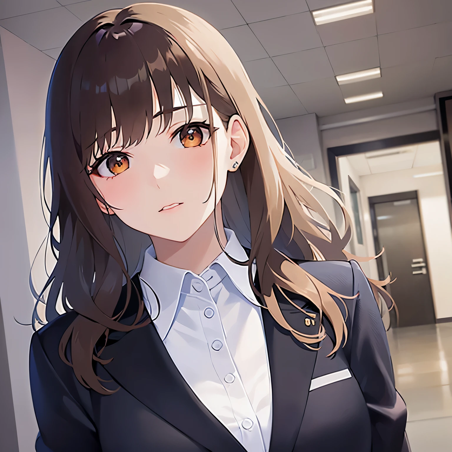 Placing hand to ear,upper body、(Looking up:1.5)、downcast、 Realistic, real person, (pale skin: 1.2), RAW photo, photorealistic, shiny skin, shiny hair、 (A 35-year-old woman with medium-length hair and bangs) and (wavy hair) and (brown hair) and (Orange Eyes) (Wearing a business suit:1.5) and (Wearing a white collared shirt)、blush,The background is the office lobby.、Alone、Wearing a black jacket