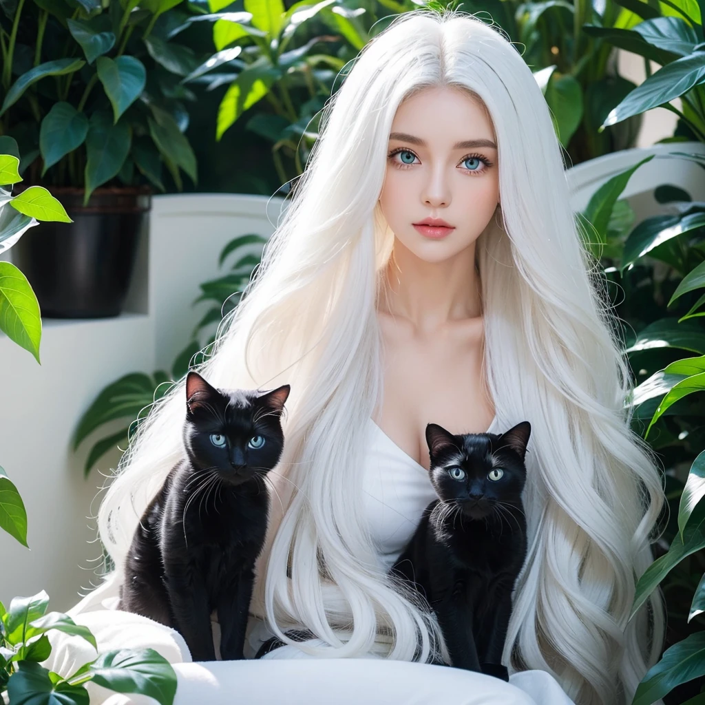 1 woman, White long curly hair,Natural and beautiful hair, clean and beautiful. White hair. Close lips. Blue natural eyes. Black clothes. Plantas. Animal black cat domestic, pet cat black. 1black cat.