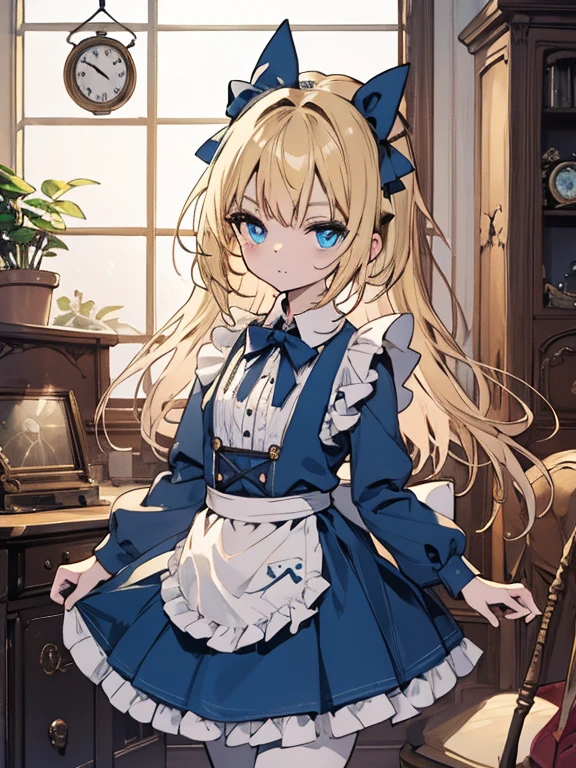 masterpiece, Highest quality, Very detailed, 16K, Ultra-high resolution, Cowboy Shot, Alice in Wonderland, 10-year-old girl, Detailed face, blue eyes, blonde, Braiding, Long Hair, Ribbon on head, Blue clothes, White apron, 大きなclockのある部屋で, clock, 壁clock, Music Box