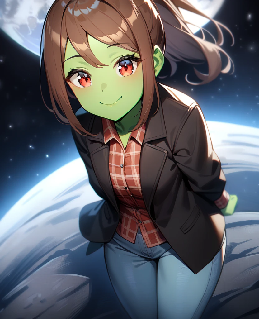 1girl,solo,red eyes,((brown hair:1.5)),ponytail,((light green skin)), old tattered black coat, tan jeans, flannel shirt,cowboy shot,on moon, blue and grey ringed planet in sky,Science fiction,ultra-detailed,sharp focus,aesthetic,(best quality) smiling, giantess